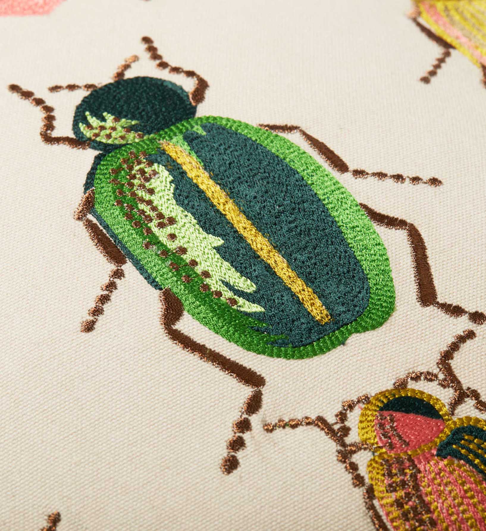 Beetles and Bugs Embroidered Pillow - Natural