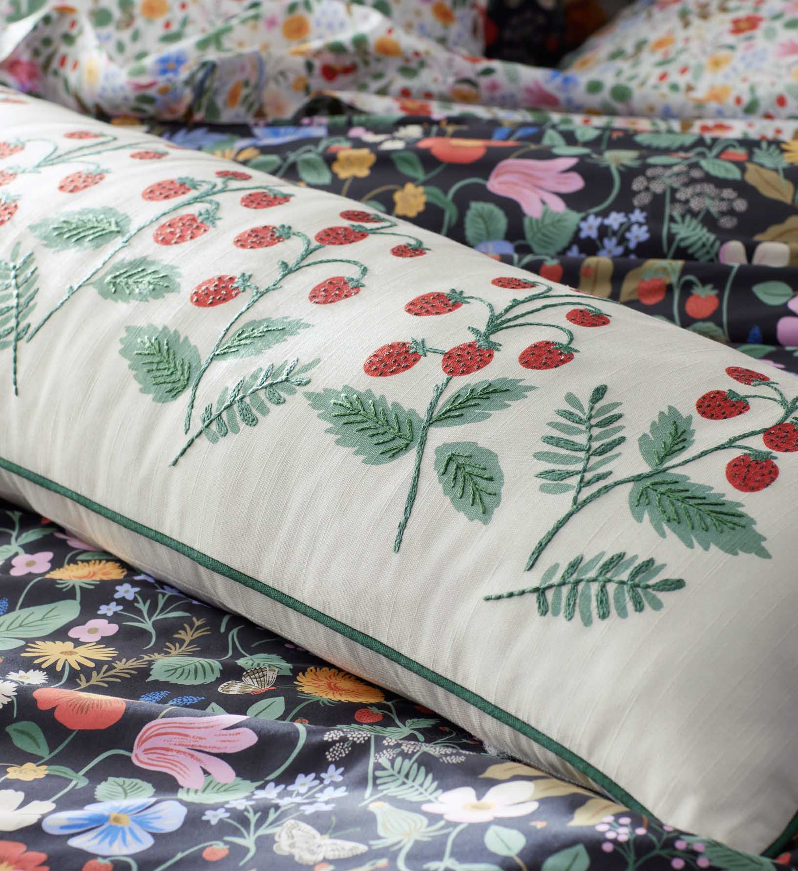 Embroidered Lumbar Pillow Cover - Strawberries