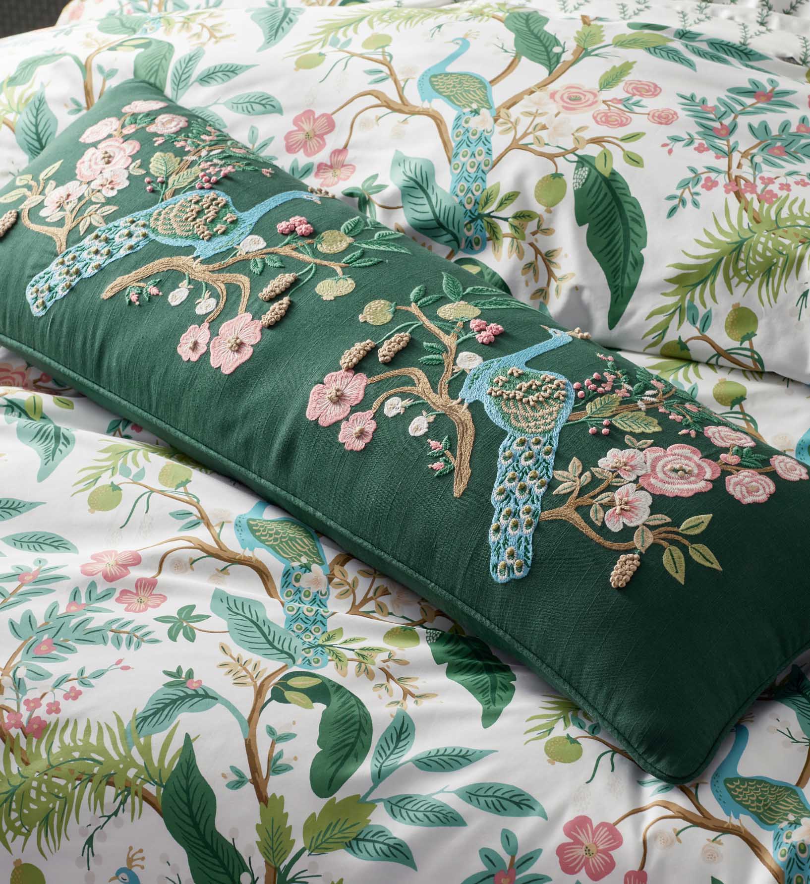 Embroidered Lumbar Pillow Cover - Peacock Emerald