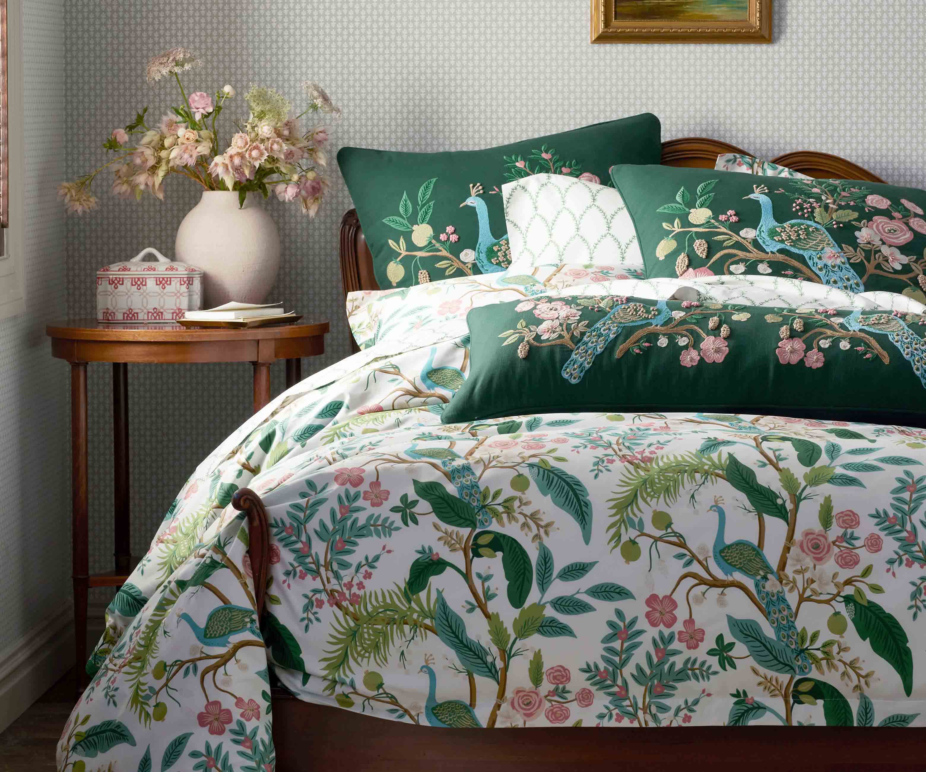 Embroidered Lumbar Pillow Cover - Peacock Emerald