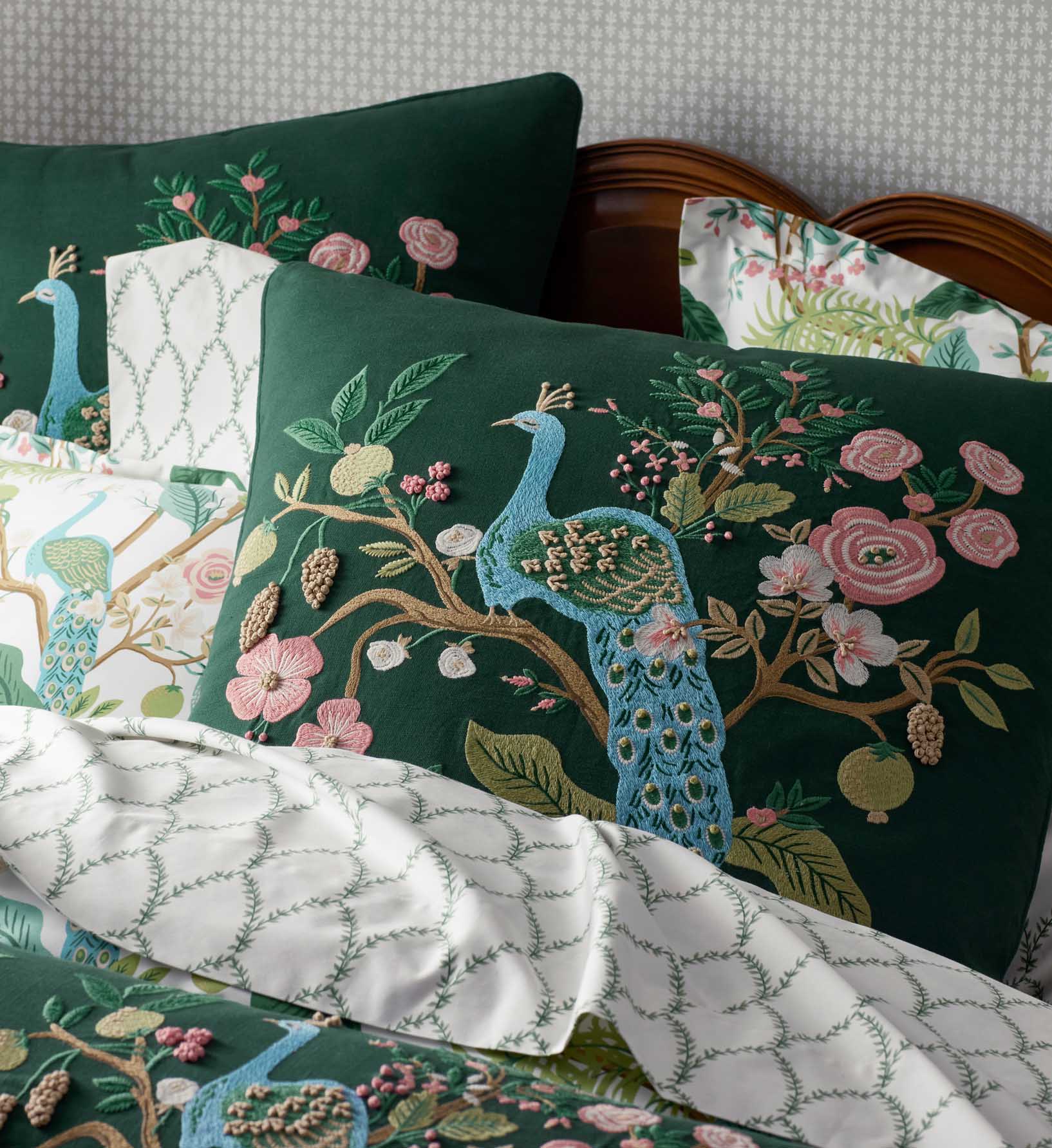 Embroidered Pillow Cover - Peacock Emerald