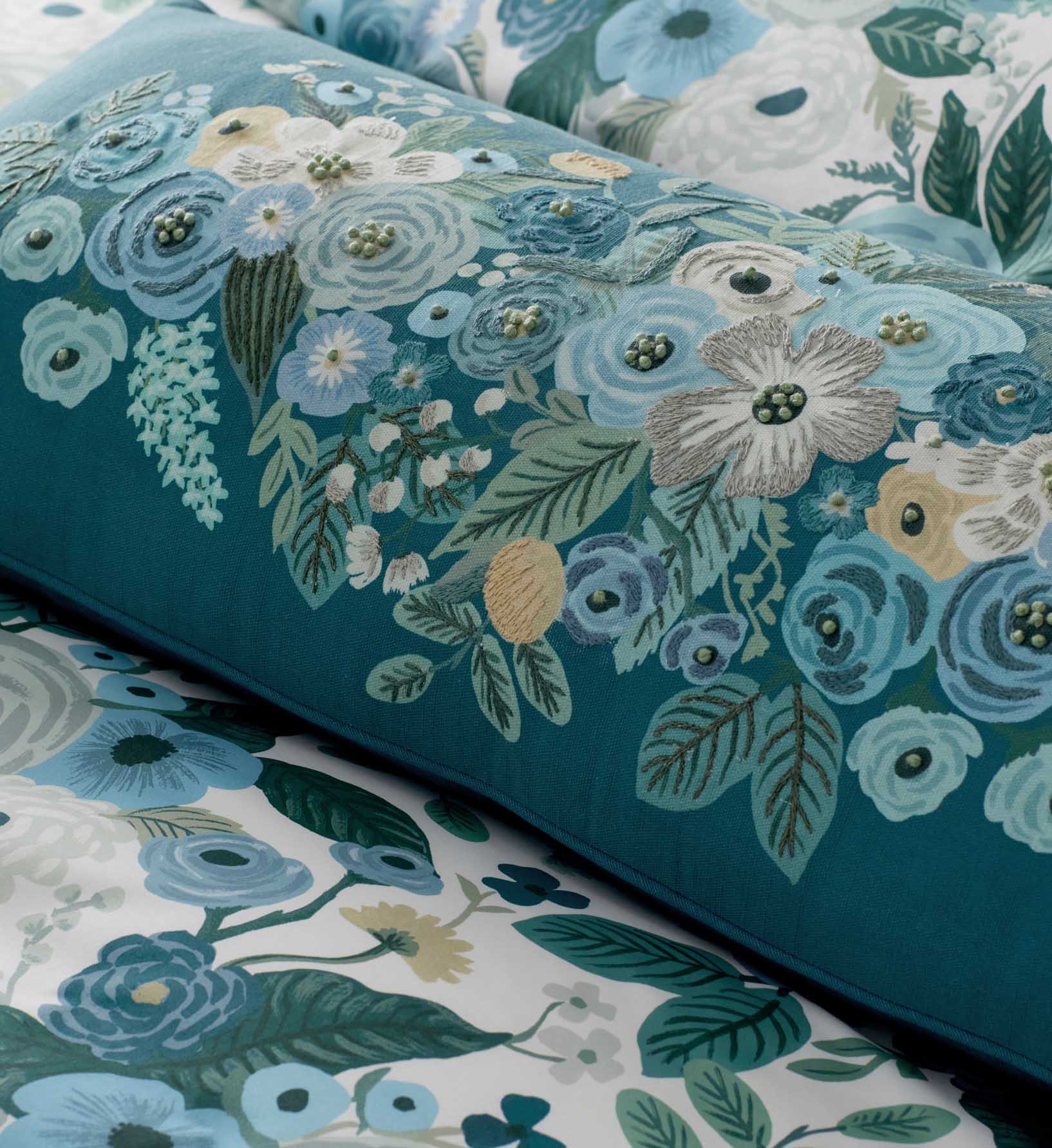 Embroidered Lumbar Pillow Cover - Garden Party Blue