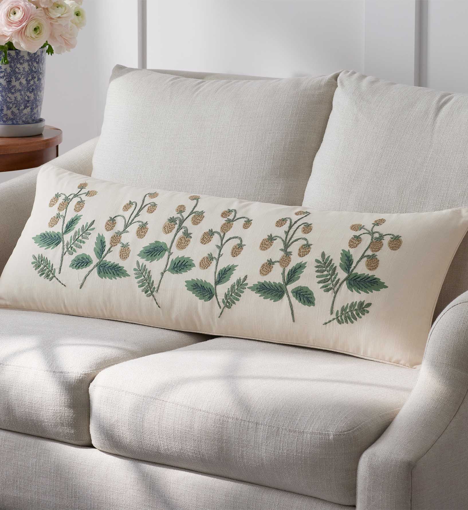 Embroidered Lumbar Pillow Cover - Strawberry Fields