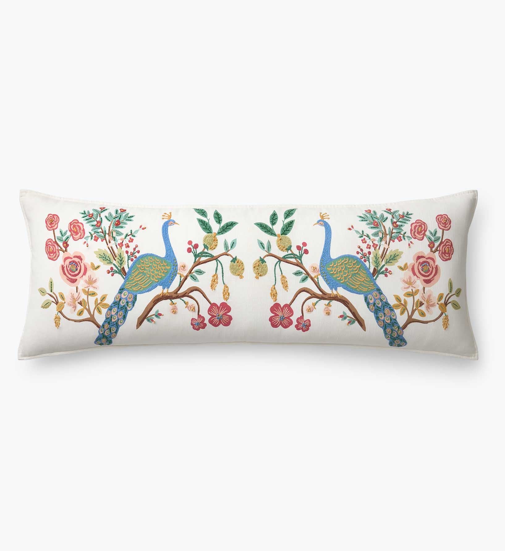 Embroidered Lumbar Pillow Cover - Peacock Ivory