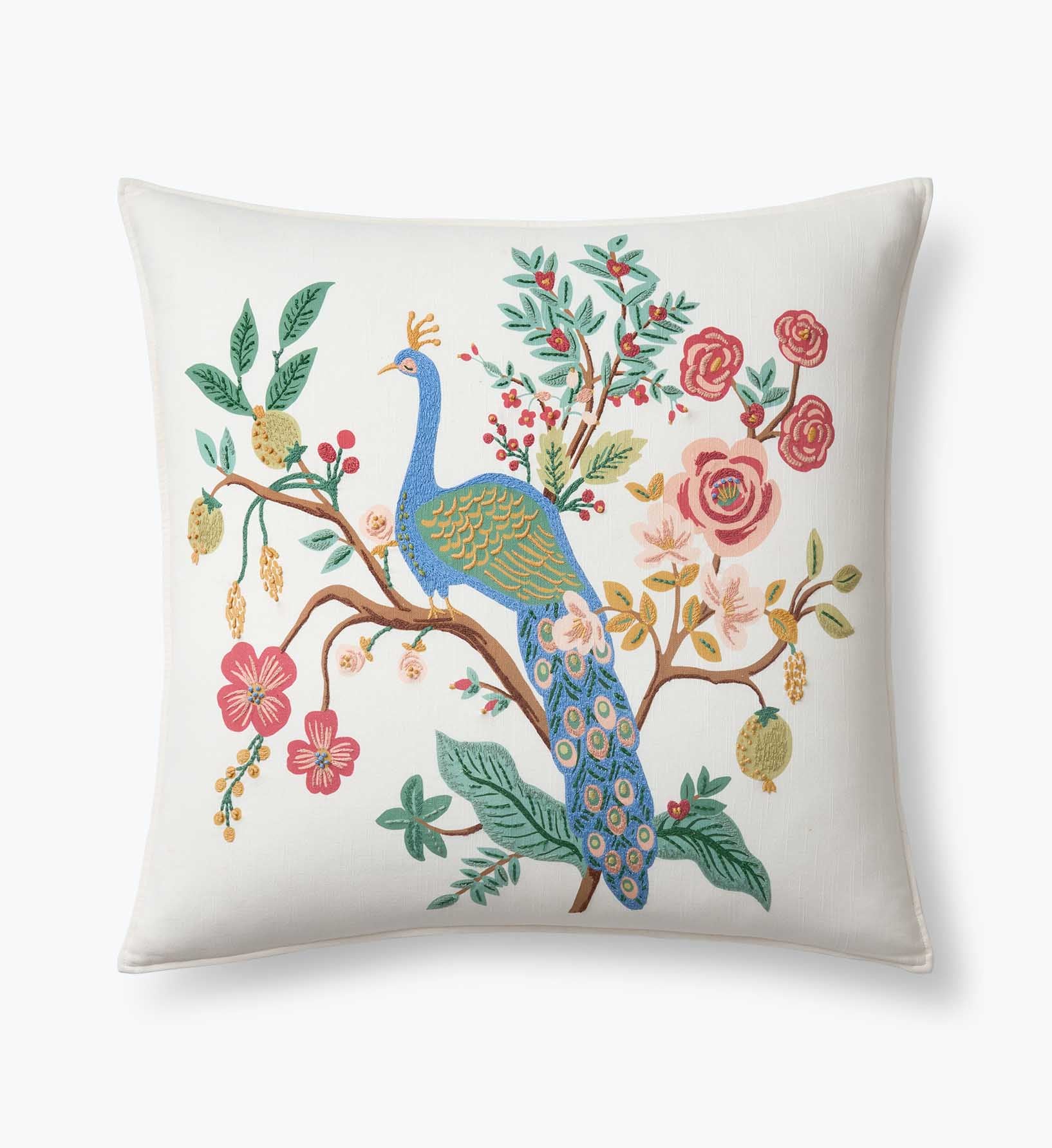 Embroidered Pillow Cover - Peacock Ivory