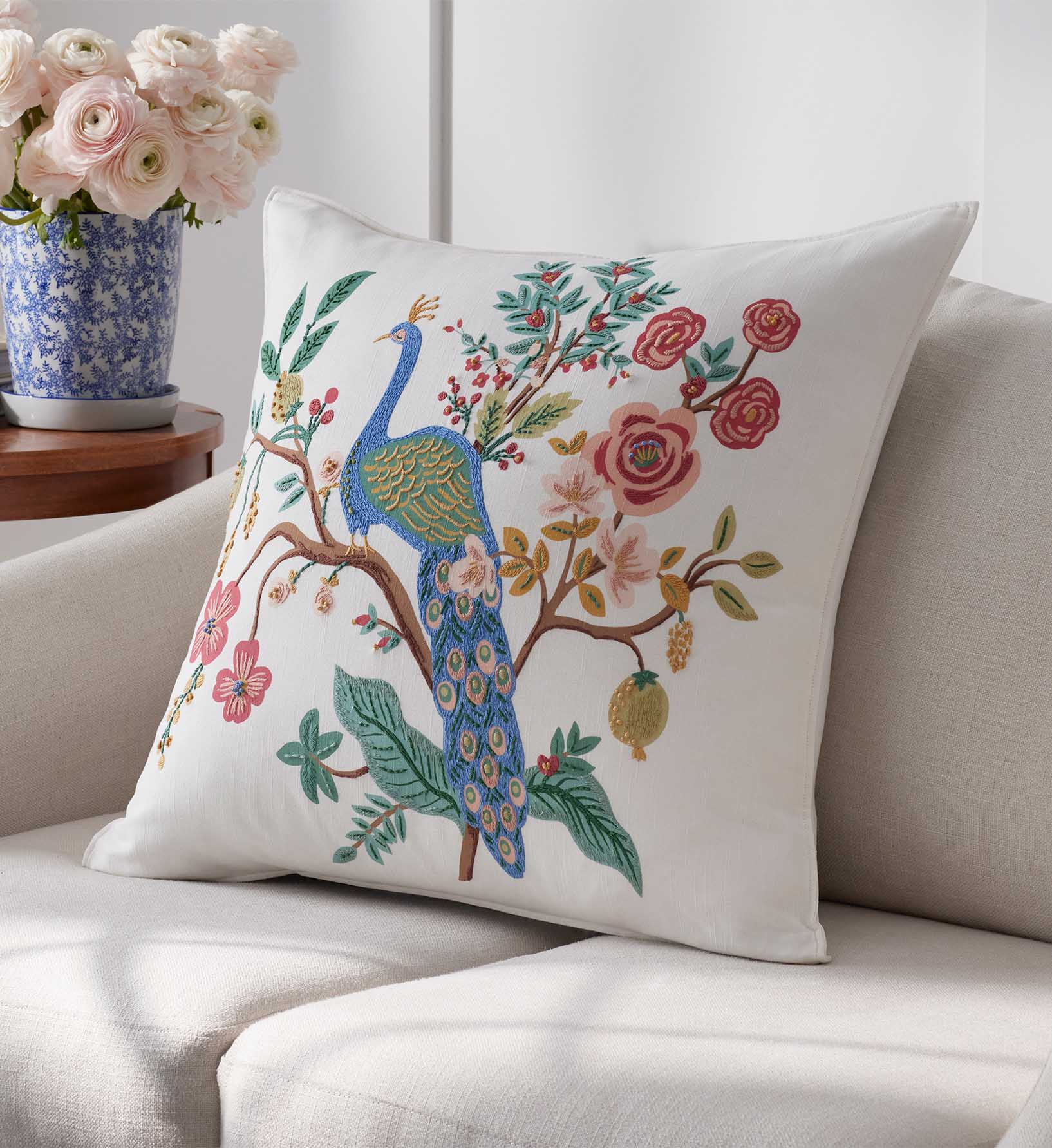 Embroidered Pillow Cover - Peacock Ivory