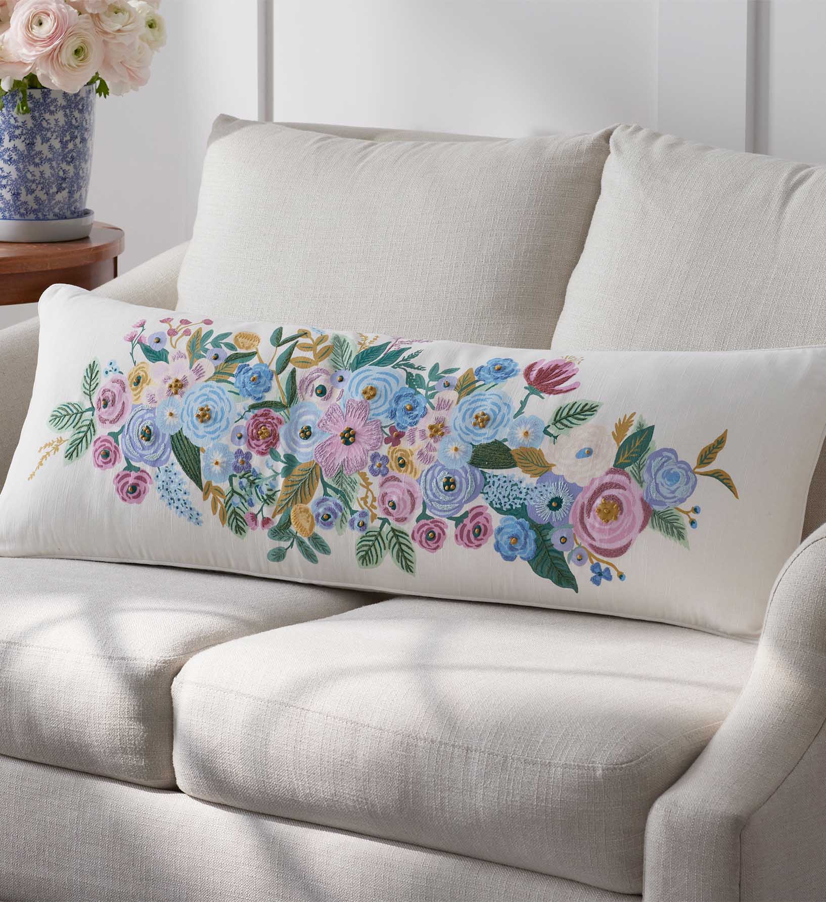 Embroidered Lumbar Pillow Cover - Garden Party Ivory